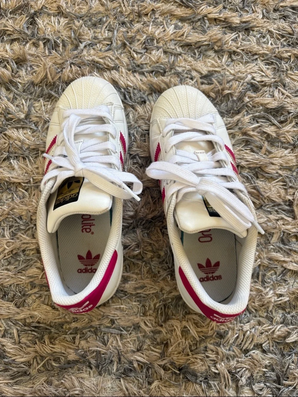 Adidas Superstar White Sneakers with Pink Stripes Fit Women’s 6